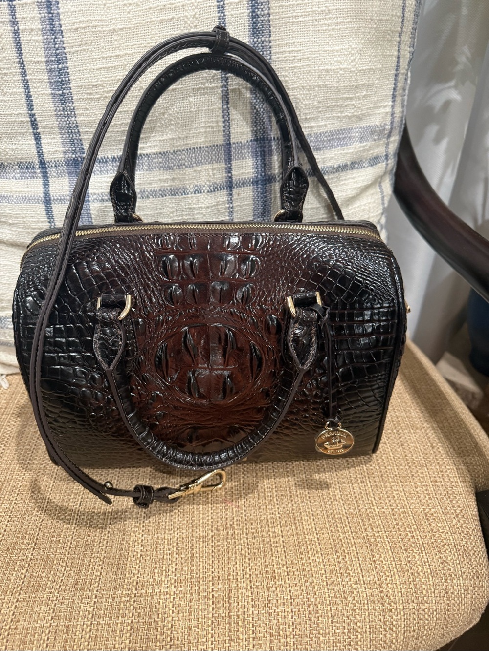 Brahmin Alligator-Embossed Leather Satchel Bag - Dark Brown